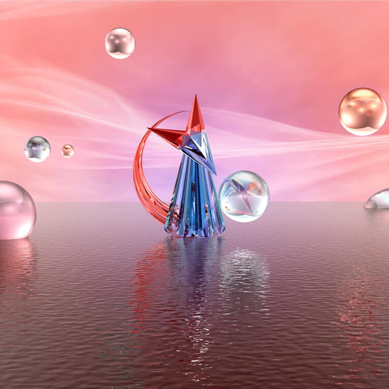 Infinity Pearl - 3D Render of a crystal dog sitting and floating on an calm ocean.