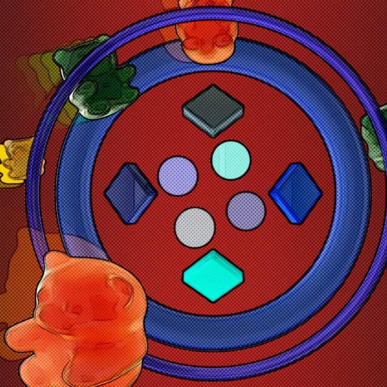 3D animation showcasing gummy bears as hyper-kinetic creatures in a fluid, vibrant universe. Powered by a rogue algorithm, they leap through ever-changing landscapes, leaving behind trails of color and distortion. The scene pulses with energy, embodying sp