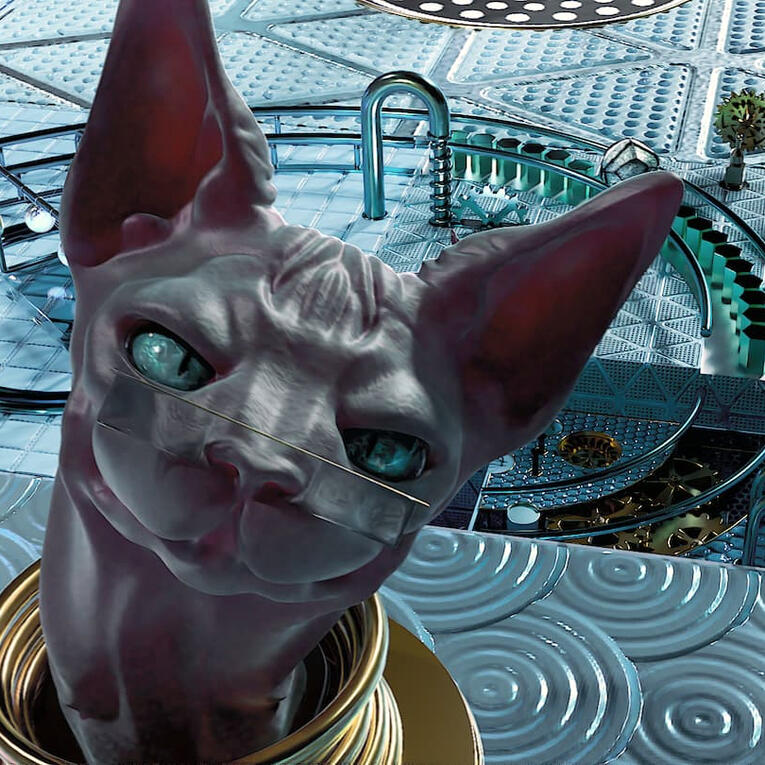 Seamless loop animation of a stylized cat swaying its head rhythmically, with the world size subtly scaling in an endless cycle, creating a hypnotic, mesmerizing effect.