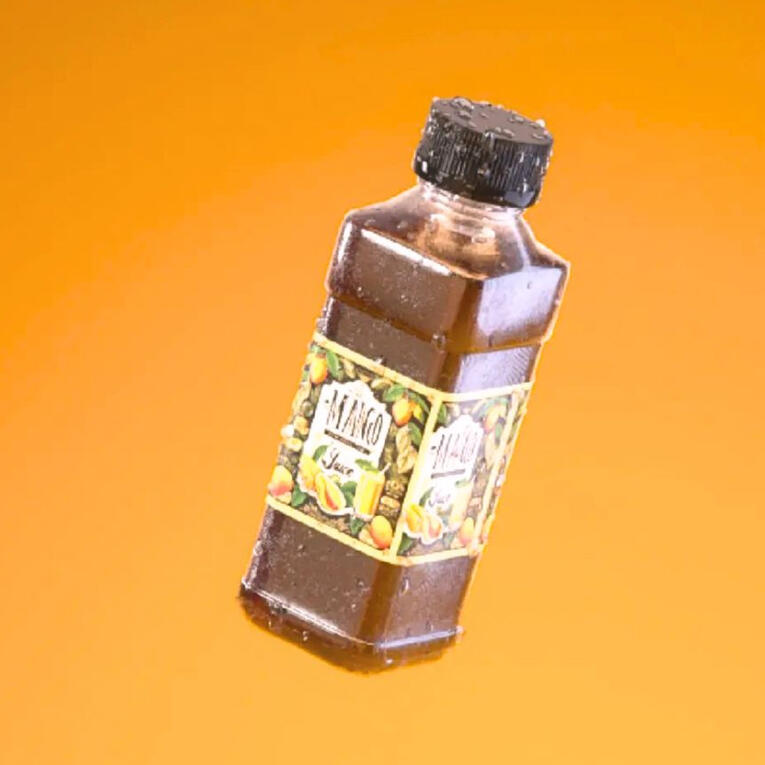 3D animation showcasing a rotating mango surrounded by oranges and lemons. The mango is sliced open to reveal a refreshing juice bottle with a mango, orange, and lemon twist. A cascade of fruit falls, and the bottle spins to release more fruit, ending with