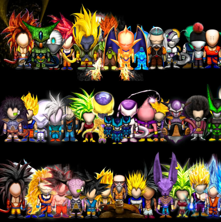 Hand-painted anime characters inspired by Naruto, Dragon Ball, and One Piece, featuring vibrant colors, exaggerated proportions, and dynamic Adobe-crafted designs.