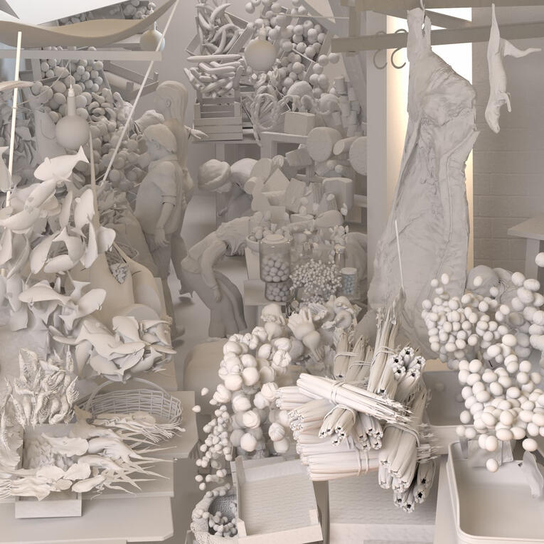 A 3D animation recreating Renato Guttuso's iconic 'Vucciria,' bringing the bustling Sicilian marketplace to life with vibrant colors, dynamic textures, and immersive depth, honoring the essence of the original masterpiece.