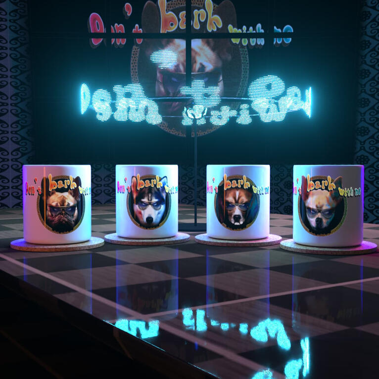 3D animation showcasing custom-designed graphic cups with unique artwork, highlighting the creative process for a now-closed Etsy shop.