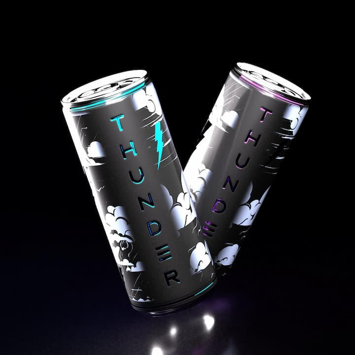 3D-rendered mockups of Thunder Energy Drink metal cans, showcasing sleek design and vibrant branding.