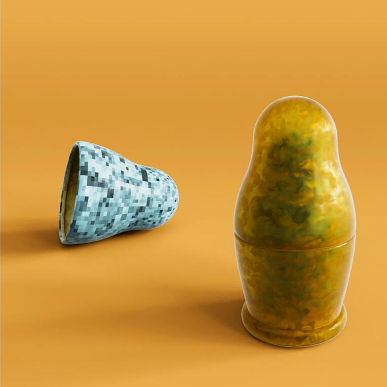 An animated 3D matryoshka doll sequence, showcasing intricate designs as each layer opens to reveal a smaller, equally detailed doll inside itself, creating an infinite looping animation, symbolizing depth, tradition, and discovery.